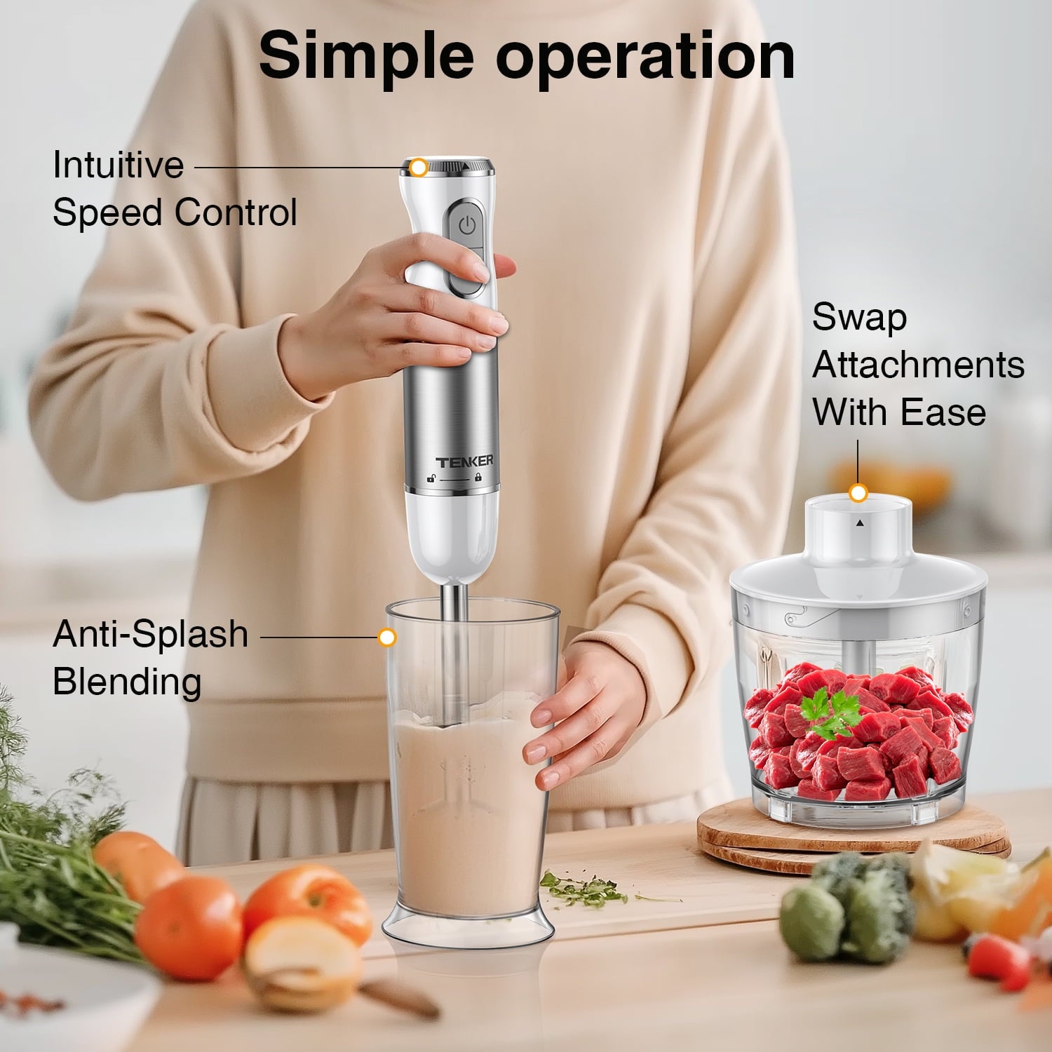 1100W Immersion Blender Handheld Hand Blender , Trigger Variable Speed 5 in 1 Stick Blender, Emulsion Blender with Chopper, Whisk and Frother for Soup, Baby Food and Smoothies,Red