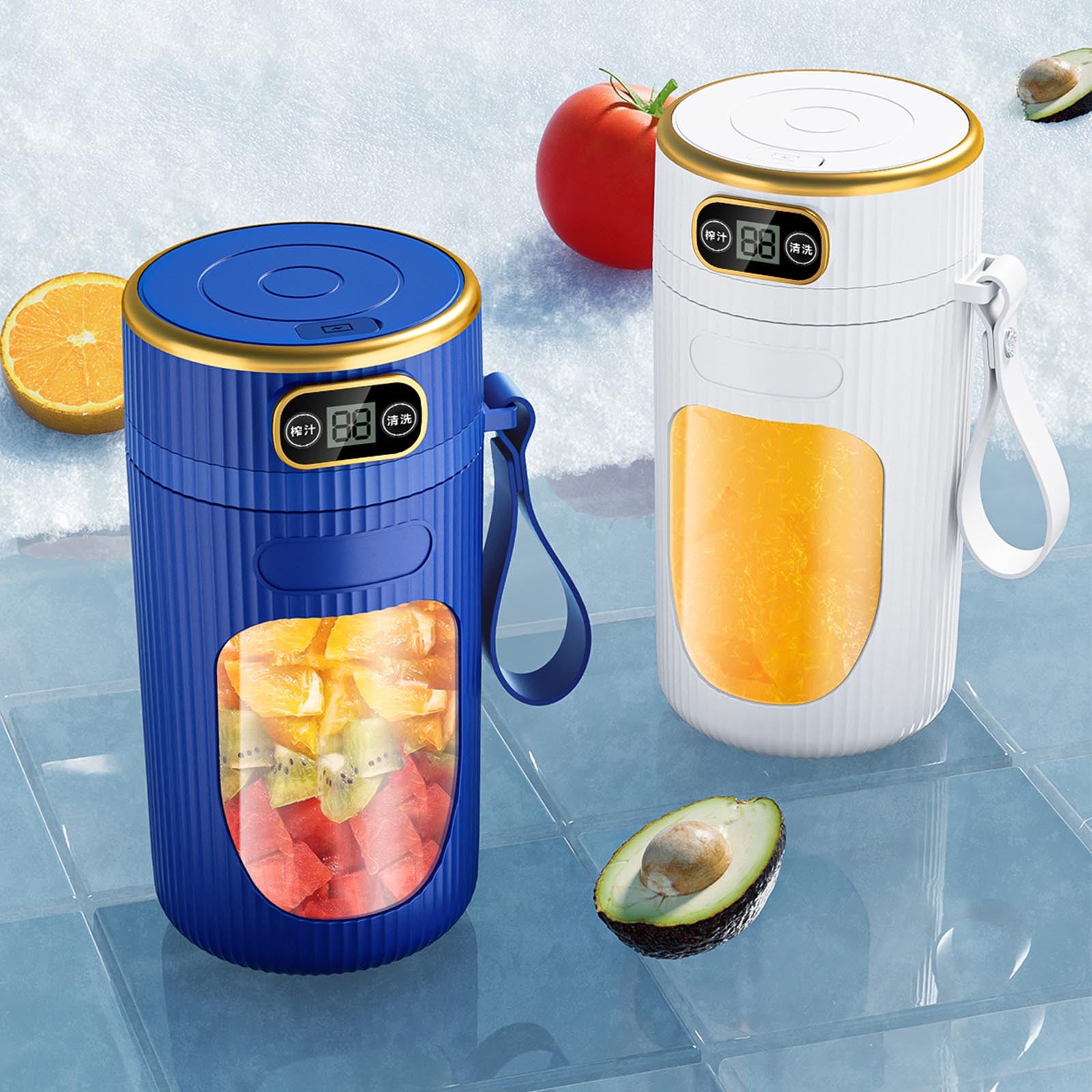Portable Juicer Machine with Digital Display, 14oz Multifunction Fruit Juicer Cup for Home and Student Use, Kitchen Juicer for Extraction, White