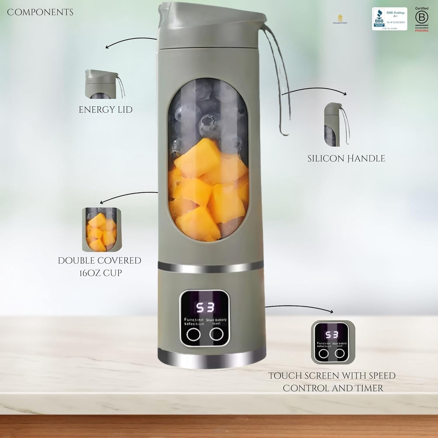 ® Portable Blender 16oz/500ml for Juices &amp; Smoothies with 12 Stainless Steel Blades | USB Rechargable &amp; 3 Levels Multi-Speed Control | 50W Powered fusion Portable Blender