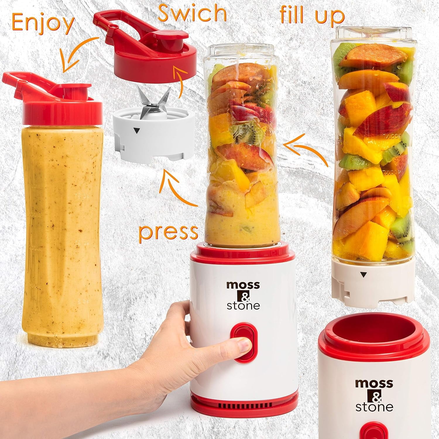 Moss &amp; Stone Personal Blender Single Serve Shake &amp; Smoothies Maker with Portable Travel Sport Bottle - Mini Juicer, White &amp; Black Single Serve Blender for Smoothies and Shakes - Bottle 20 oz