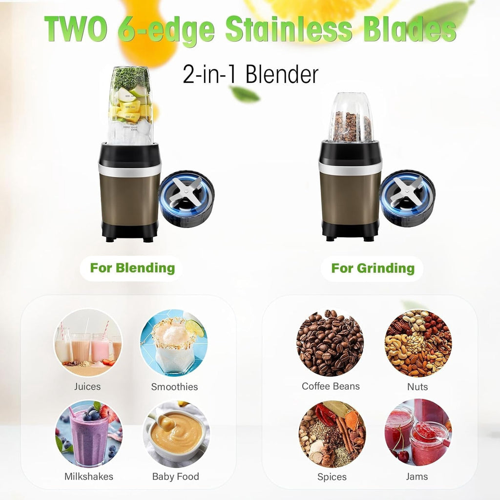 Blender for Smoothies, 1200W Smoothie Blender for Ices Crushing, Blenders with (2) 6-Fin , Personal Blenders for Kitchen with 23oz, 32oz, 37oz Easy Go Cups for Juices, 1200W, Brown