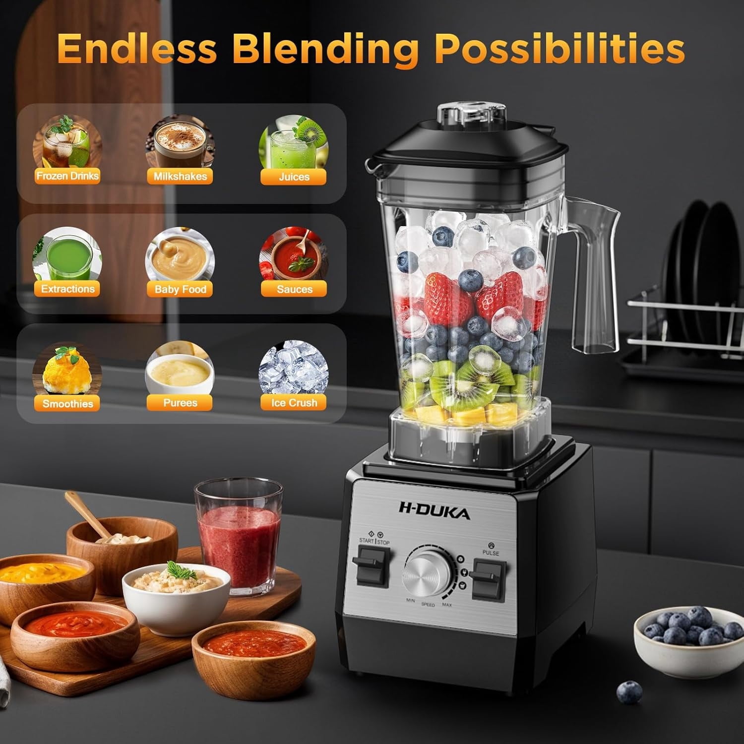 Blender, Countertop Blenders for Kitchen with 64oz Pitcher, Powerful 25000 PRM Blender for Smoothies, Ice Crushing, Frozen Fruits, Milkshakes, Pulse Function, Self-Cleaning (Silver Black)
