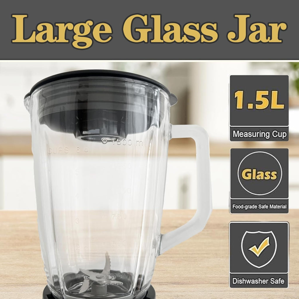 Powerful Kitchen Blender with 1.5L Glass Jar, 21000RPM High Speed, 6pcs 304 Stainless Steel Blades
