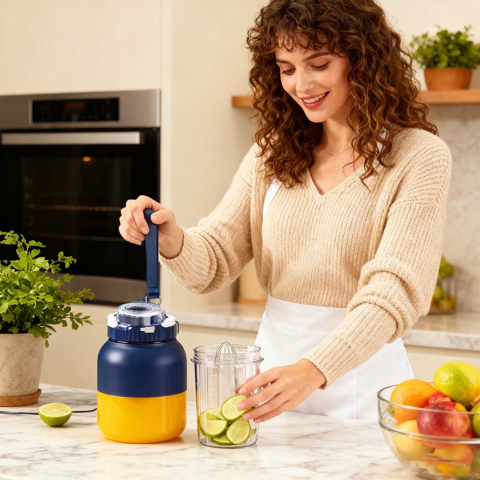 2025 New USB(Type-C) Rechargeable Hand Blender—Directly Squeezed, Wireless Portable Electric Blender, No Filter Required, One Cup with Double Lid, for Home, Office (Blue-1Pc)