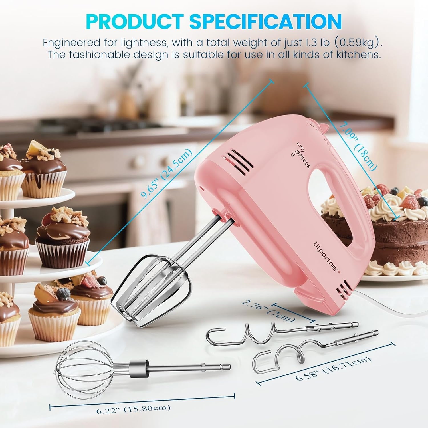 Hand Mixer Electric, Small Food 7 Speeds Handheld Blender,304 *(1* Whisk, 2* Beater, 2*Dough Hook) Kitchen Blender for Cream, Cookies, Dishwasher Safe, Pink