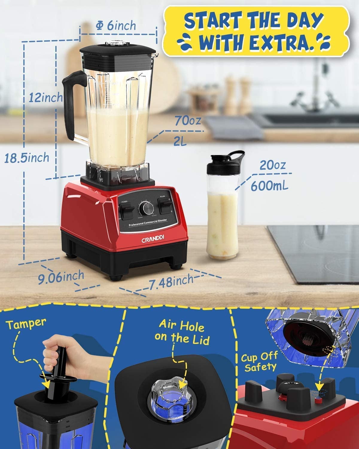 Professional Blender,1500 Watt Commercial Blenders for Kitchen with 70oz Capacity and Self-Cleaning, Classic Blenders for Shakes and Smoothies, Build-in Pulse, YL-010-R