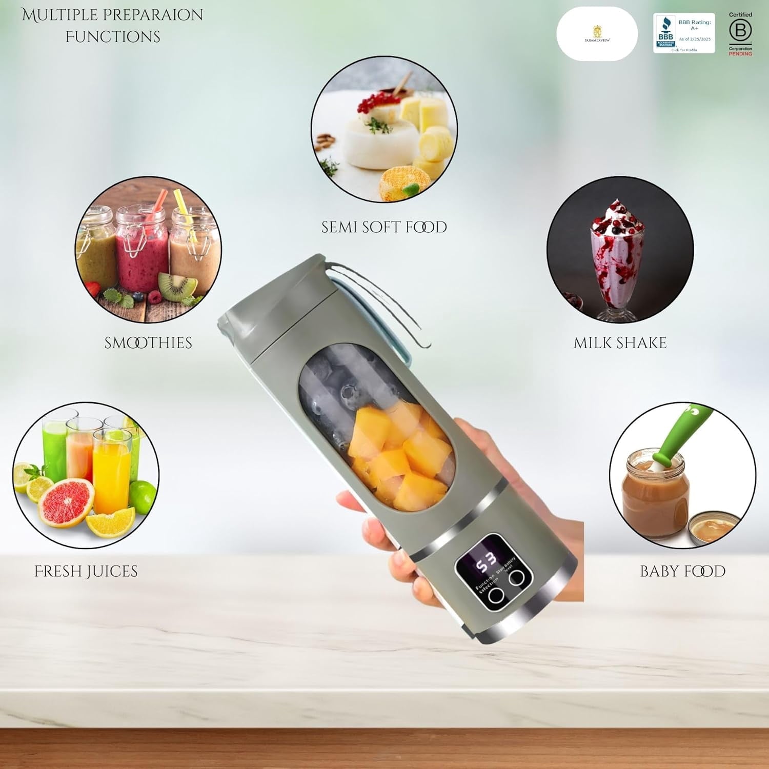 ® Portable Blender 16oz/500ml for Juices &amp; Smoothies with 12 Stainless Steel Blades | USB Rechargable &amp; 3 Levels Multi-Speed Control | 50W Powered fusion Portable Blender