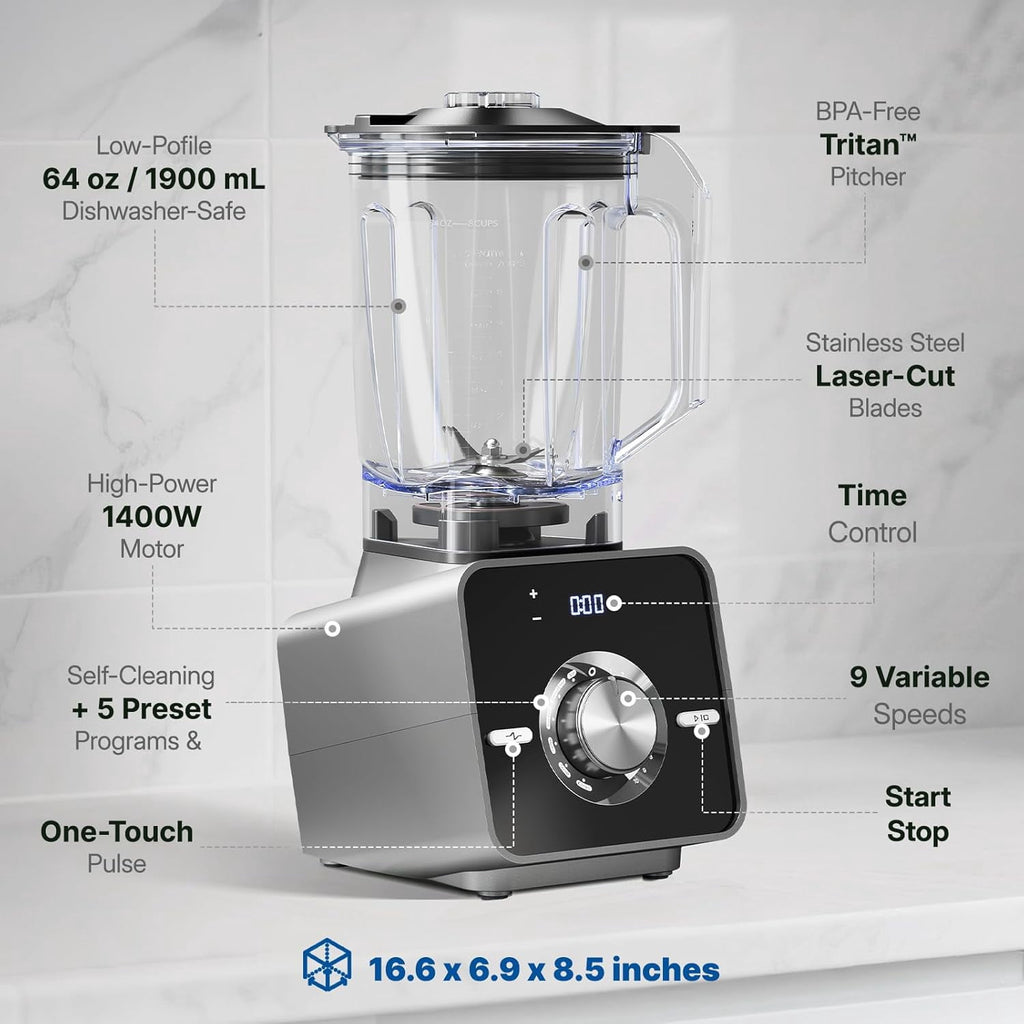 1400W High-Speed Blender for Ice Crushing Power, Stainless Steel Blades, Kitchen Timer, 10 Speeds, 6 Programs for Smoothies, Frozen Drinks, Self-Cleaning, 64oz Bulk Production
