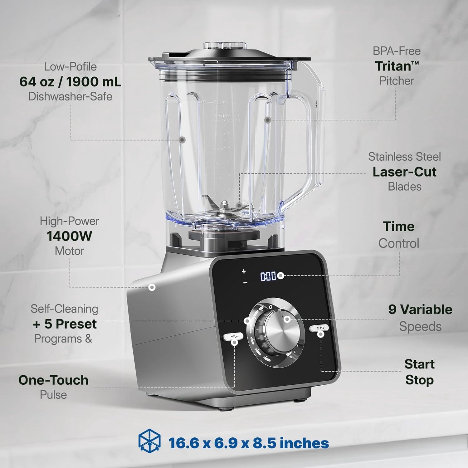 1400W High-Speed Blender for Ice Crushing Power, Stainless Steel Blades, Kitchen Timer, 10 Speeds, 6 Programs for Smoothies, Frozen Drinks, Self-Cleaning, 64oz Bulk Production