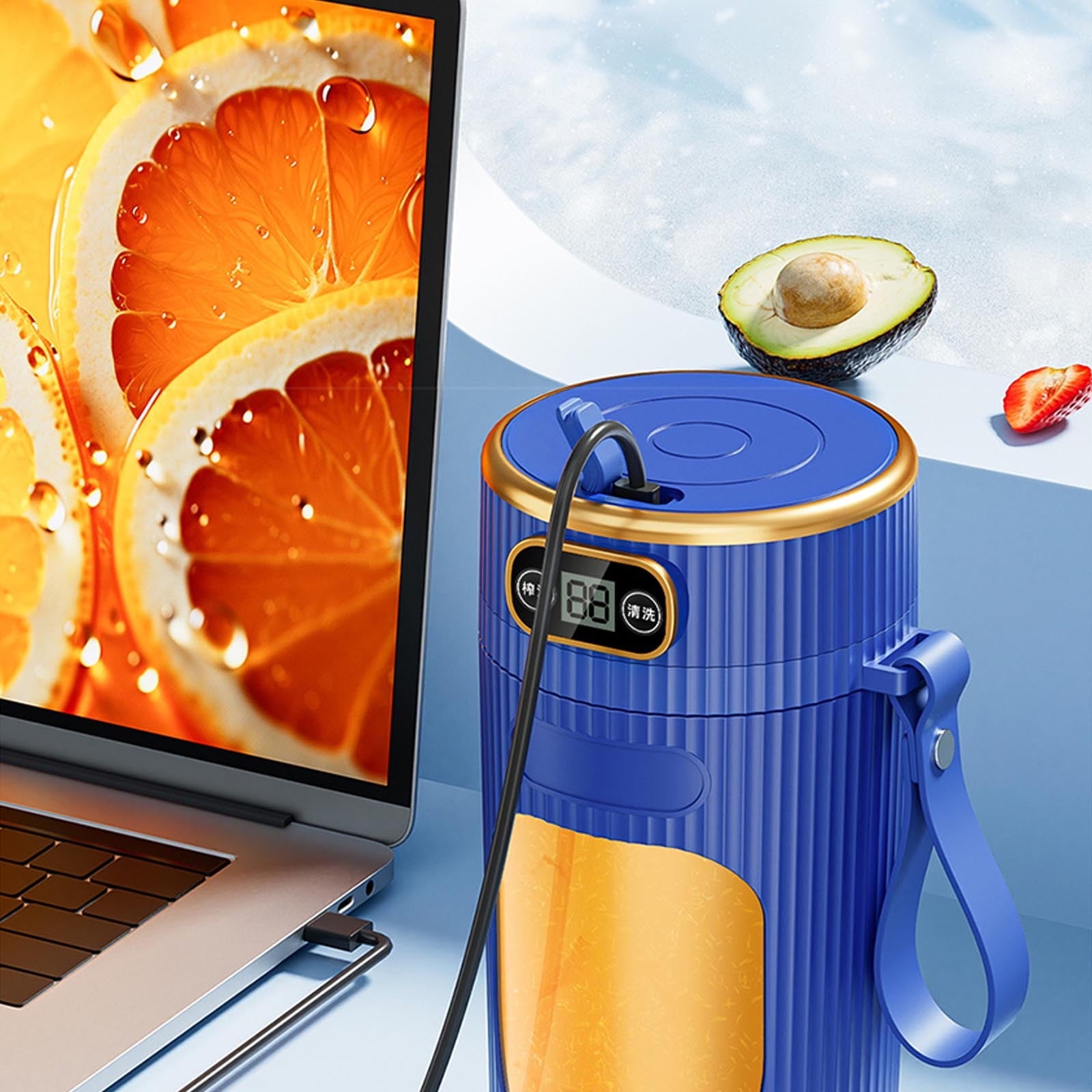 Portable Juicer Machine with Digital Display, 14oz Multifunction Fruit Juicer Cup for Home and Student Use, Kitchen Juicer for Extraction, White