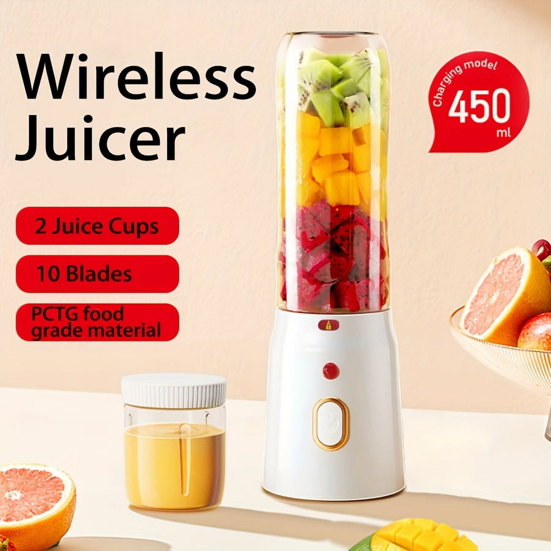 1pc/450ml Portable Cordless Juicer with 2 Cups - USB Rechargeable Mini Blender for Fresh Juice, Smoothies and Milkshakes - Perfect for Travel, Home, Juicing Station | Modern Kitchen Accessories | Dura