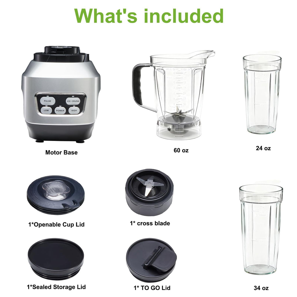 Professional 1400W Countertop Blender, 60oz Powerful Blender for Smoothies, Ice Crushing, Frozen Fruits &amp; Shakes with Portable Travel Cups, Silver