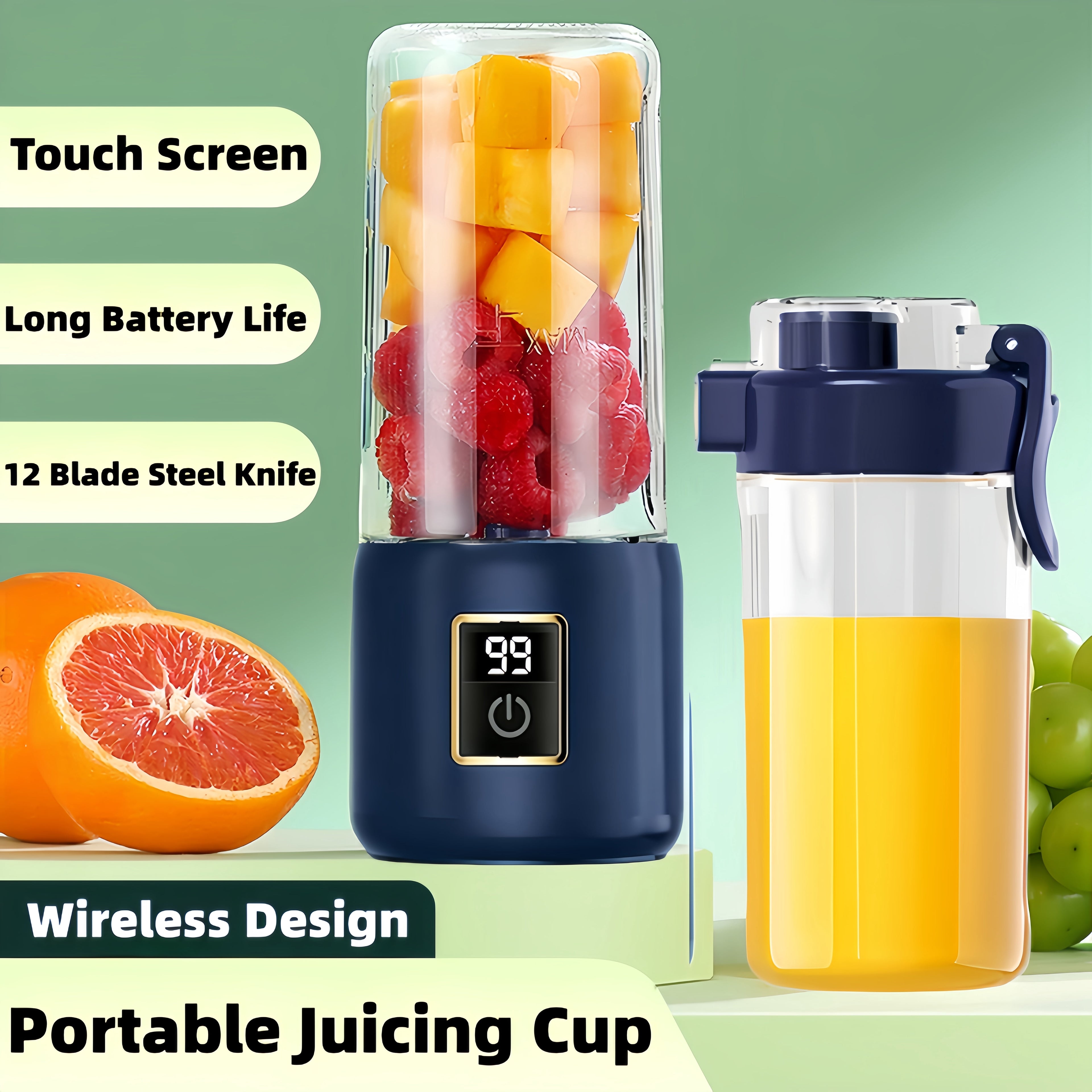 Portable Blender, Personal Mini Blender for Shakes and Smoothies, USB Rechargeable with 12 Blade and 2 Cups, Ideal for Travel, Home and Office, 500ML, Blue