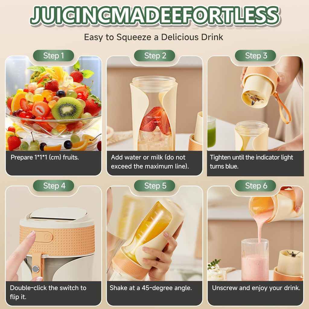 Portable Blender Cup- 450ml Multi-Function Blender with Ice-Crushing,Strong Cutting Power with 6 Blades, BPA Free, USB-C Rechargeable,Fruit Veggie Juicer Cup for Home, Sport, Office, Camping (Orange)