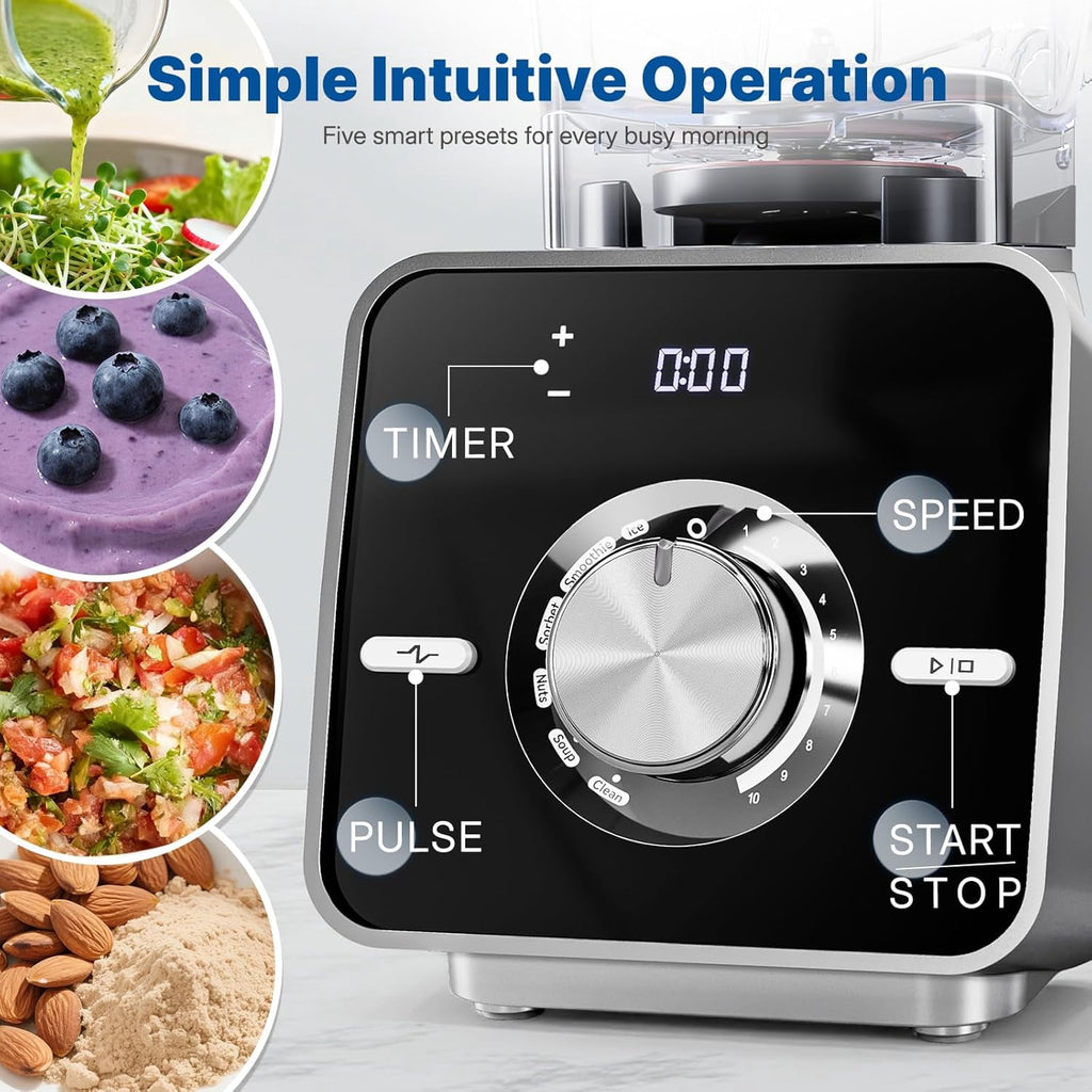 1400W High-Speed Blender for Ice Crushing Power, Stainless Steel Blades, Kitchen Timer, 10 Speeds, 6 Programs for Smoothies, Frozen Drinks, Self-Cleaning, 64oz Bulk Production