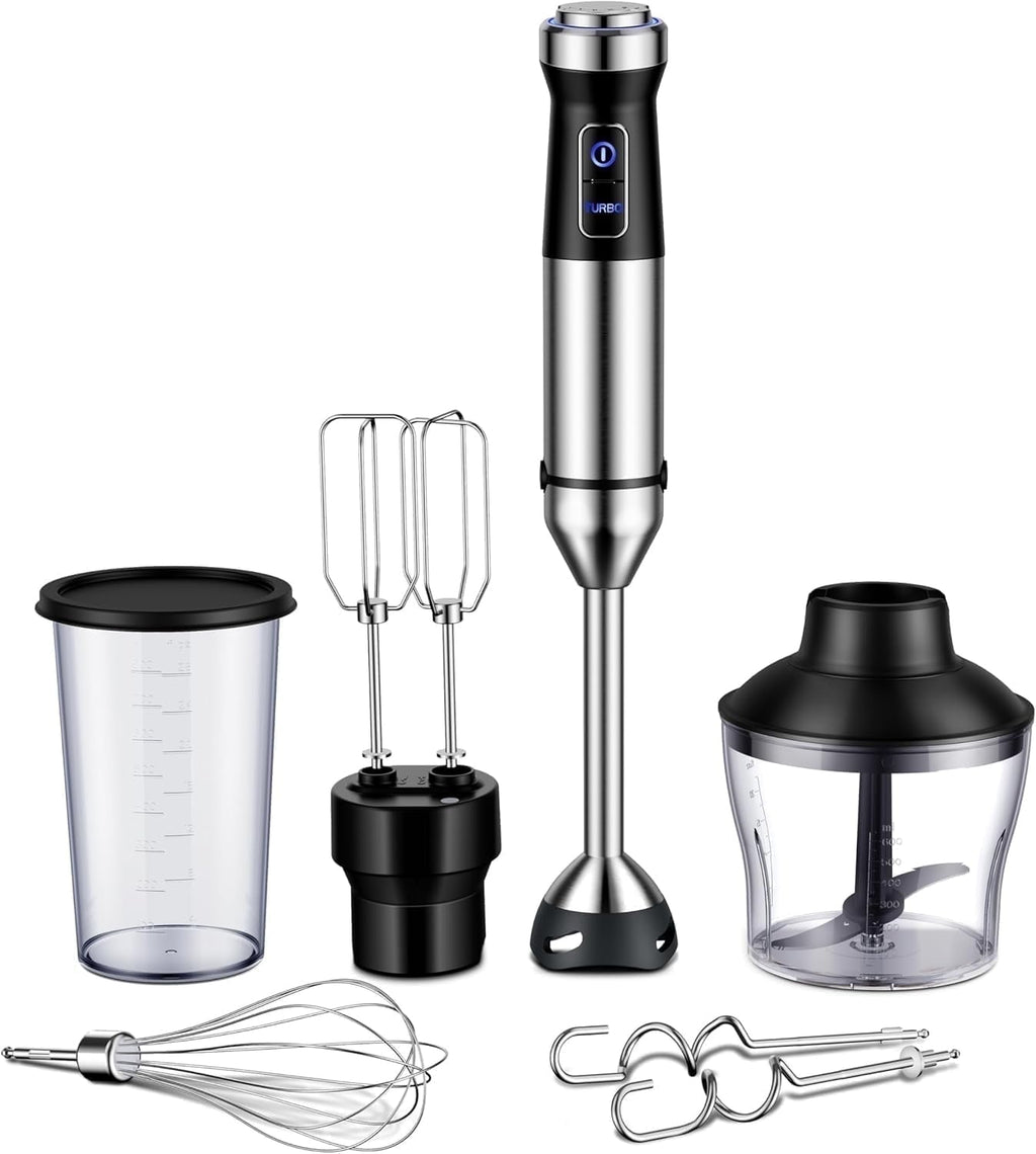 6 in 1 Immersion Blender, 1000W Handheld Hand Blender, 20 Speeds Emulsion Blender with Chopper, Whisk and Frother for Soup, Baby Food and Smoothies, Black