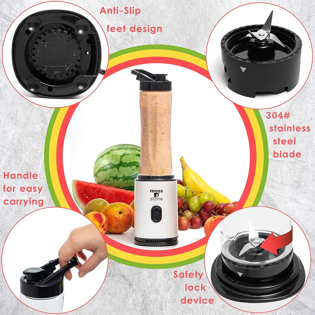 Moss &amp; Stone Personal Blender Single Serve Shake &amp; Smoothies Maker with Portable Travel Sport Bottle - Mini Juicer, White &amp; Black Single Serve Blender for Smoothies and Shakes - Bottle 20 oz