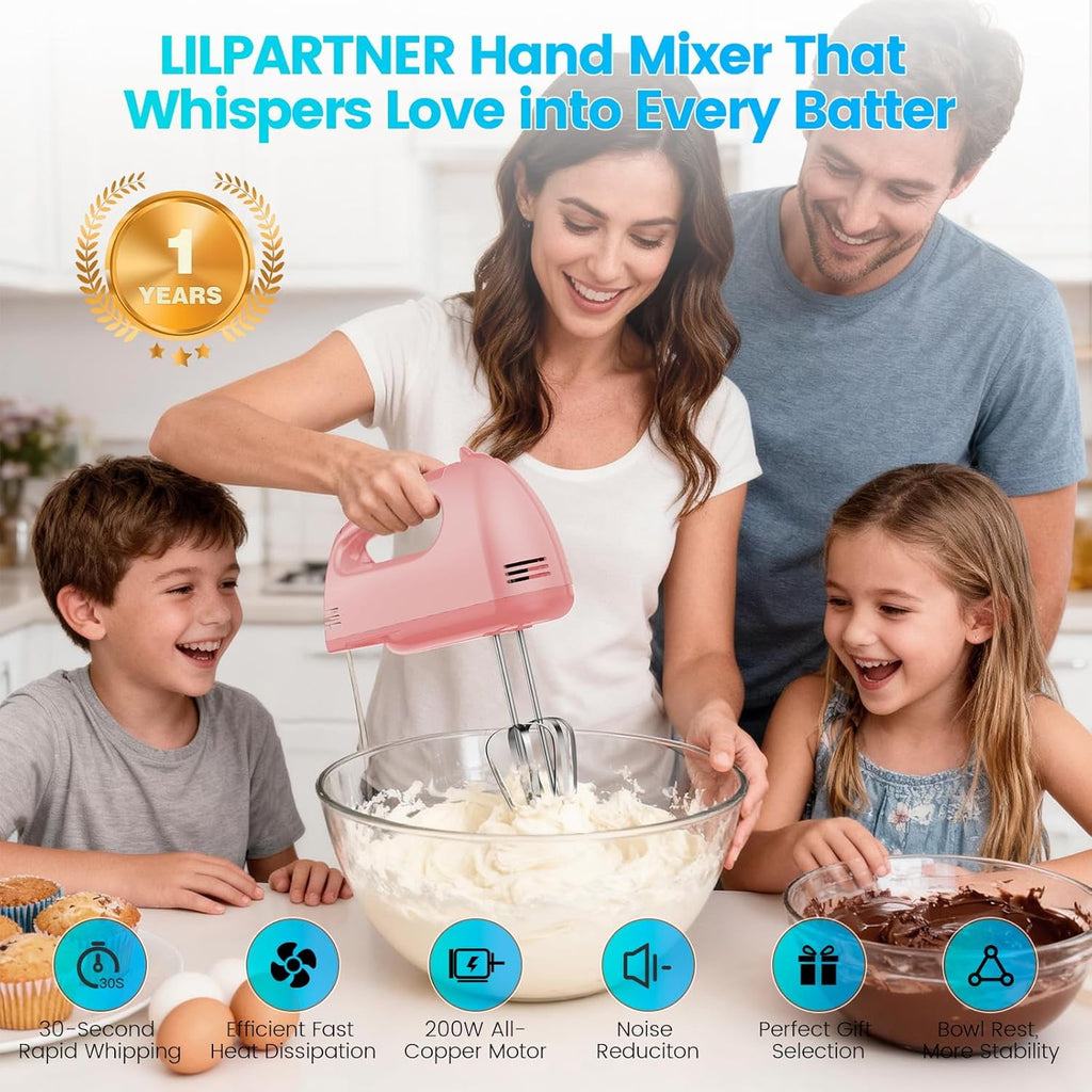 Hand Mixer Electric, Small Food 7 Speeds Handheld Blender,304 *(1* Whisk, 2* Beater, 2*Dough Hook) Kitchen Blender for Cream, Cookies, Dishwasher Safe, Pink
