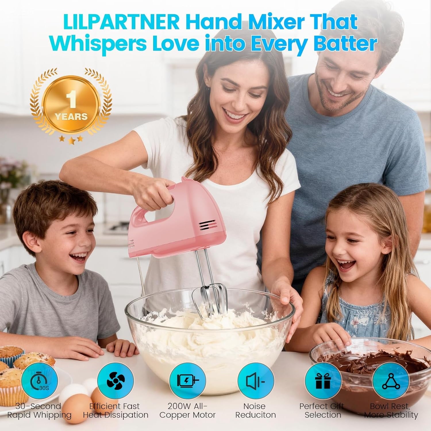Hand Mixer Electric, Small Food 7 Speeds Handheld Blender,304 *(1* Whisk, 2* Beater, 2*Dough Hook) Kitchen Blender for Cream, Cookies, Dishwasher Safe, Pink