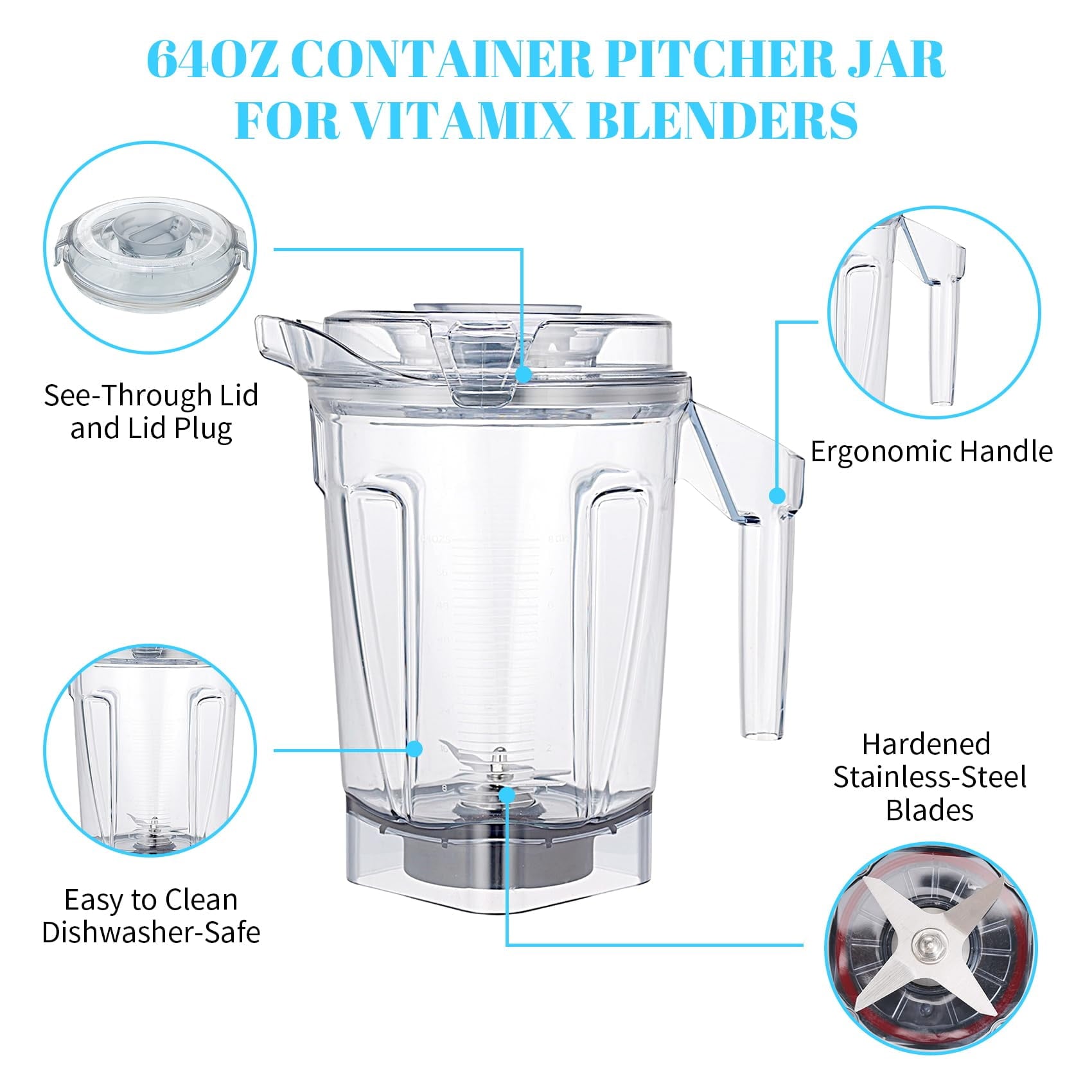 For Blender Pitcher 64oz Container, fit for A3500 A3300 A2500 A2300 X2 X3 X4 X5 V1200 Smart Blender