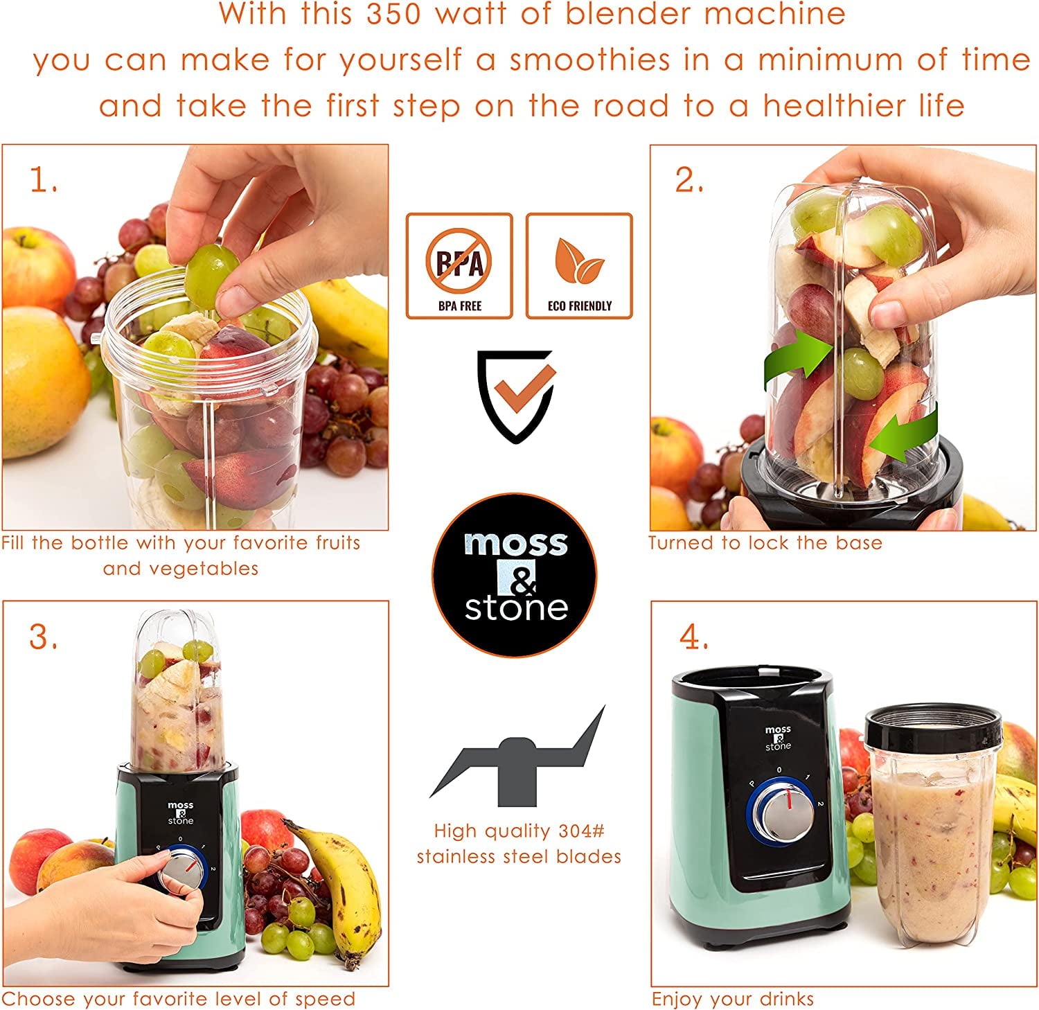 Moss &amp; Stone 2 in 1 Personal Blender with Additional Blender Cup, Mini Blender, Juice Blender &amp; Smoothie Maker (Spray Pearl Green)