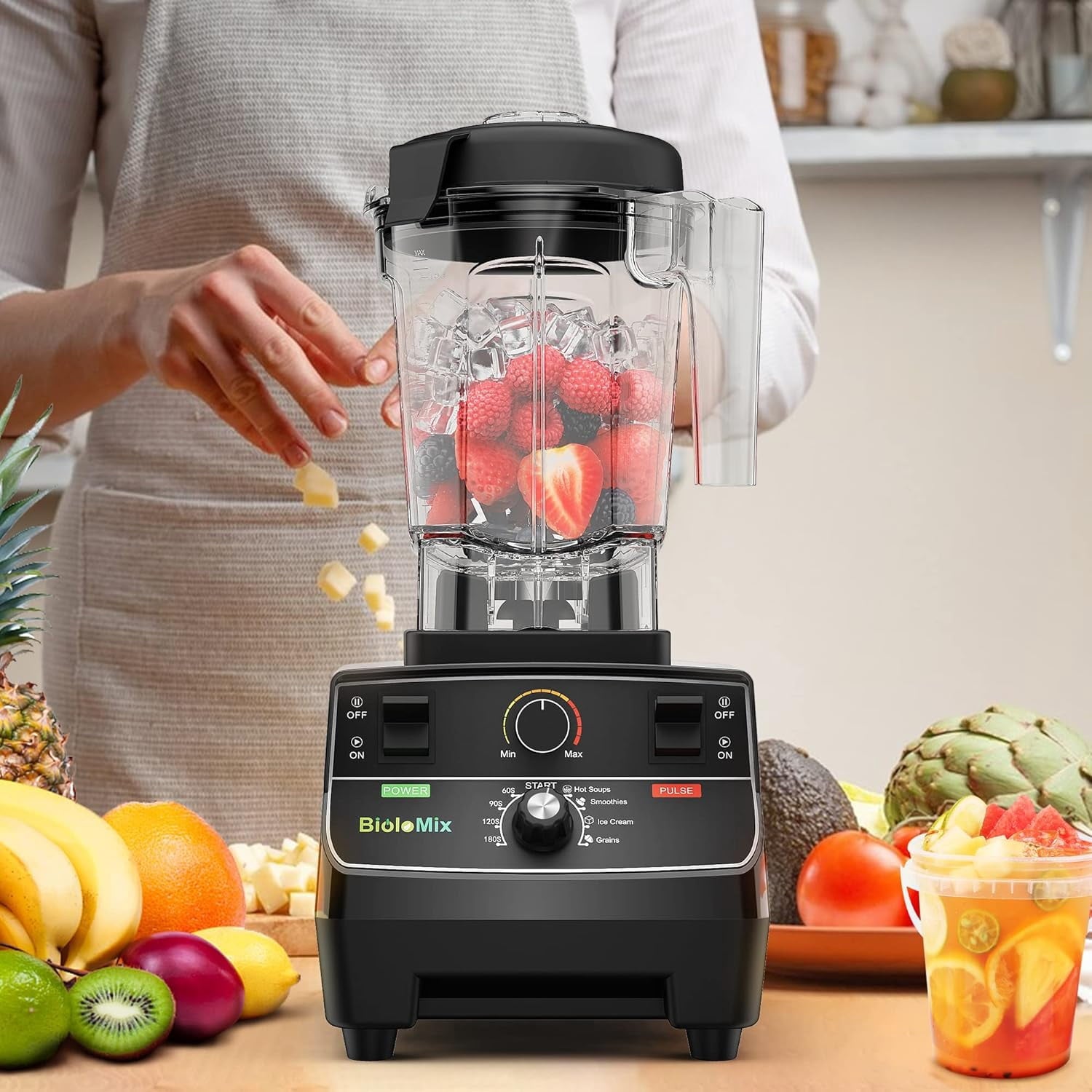 Professional Smoothie Blender Countertop Commercial Blender 2200W High Power with 68oz Pitcher Smart Timer Blenders for Kitchen for Smoothies Ice Soup Fish Dessert With 1 Juice Glass