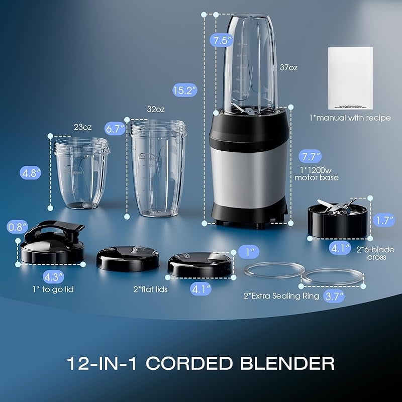 Blender for Smoothies, 1200W Smoothie Blender for Ice Crushing, Blenders with (2) 6-Fin Blades, Personal Blenders for Kitchen with 23oz, 32oz, 37oz Easy Go Cups for Juices, Silver