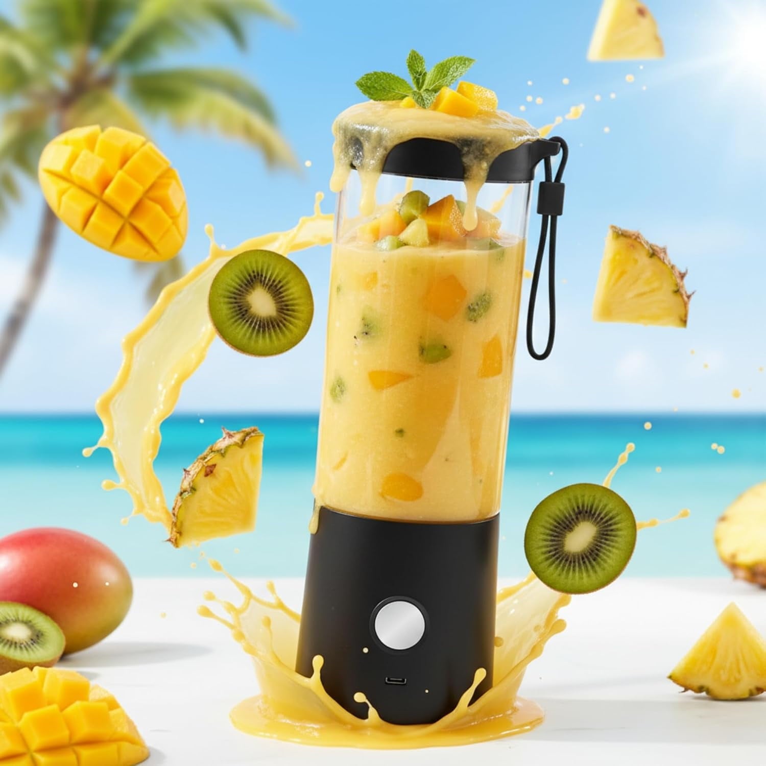 Portable Blender for Smoothies &amp; Shakes – 16oz Mini Personal Blender Bottle, USB-C Rechargeable &amp; Self-Cleaning – Black – Perfect Holiday Gift