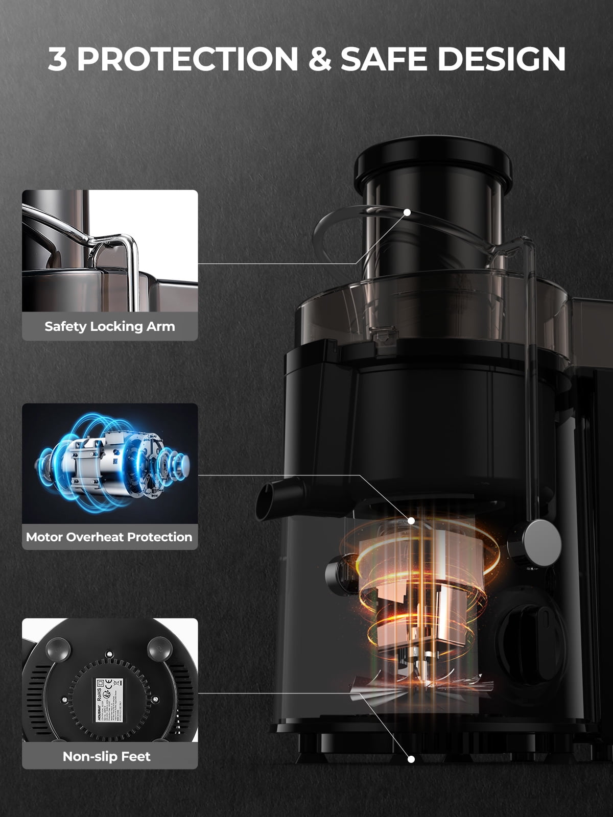 Juicer Machine Wide 3” Feed Chute Juice Extractor Easy to Clean, Pulse Function and 3-Speed Control, Anti-Drip, Silver