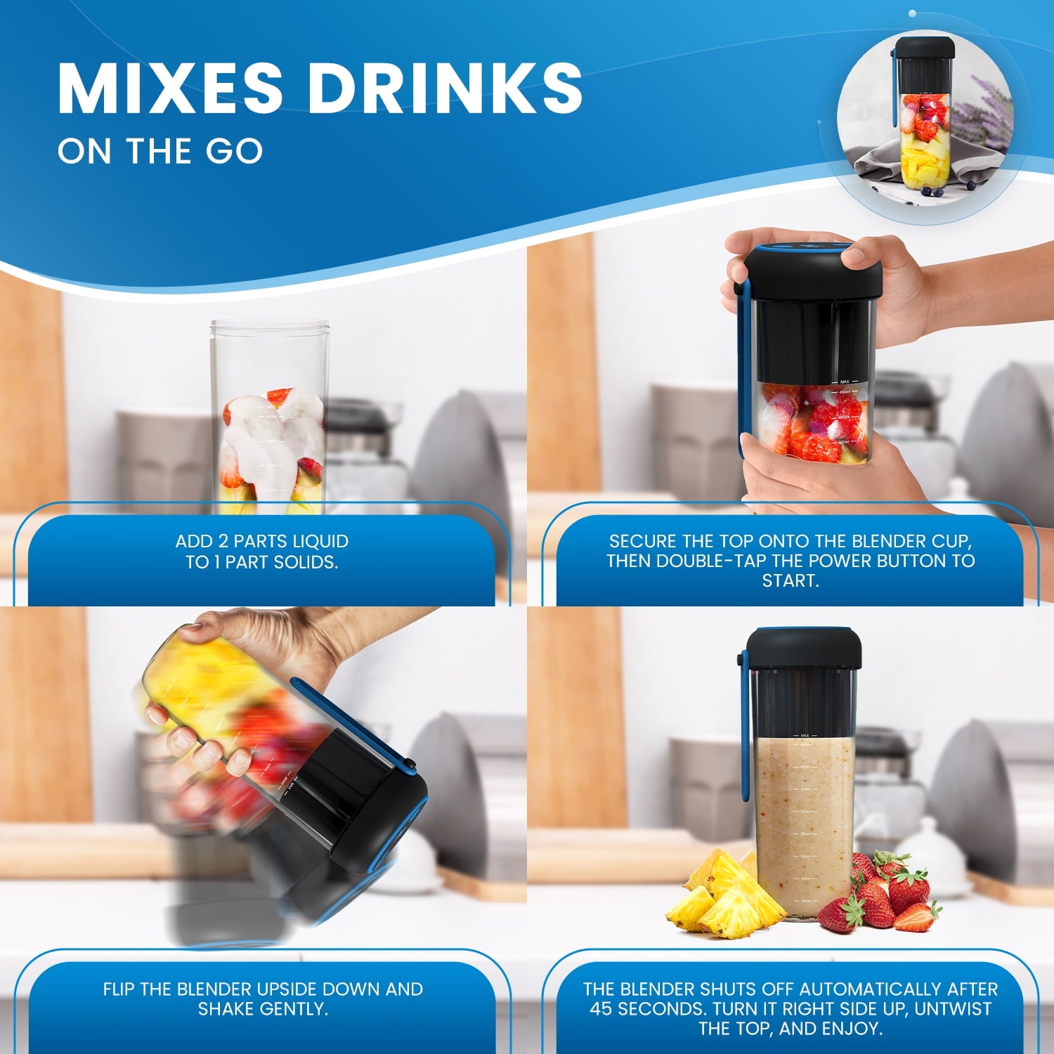 16oz Portable Blender for Smoothies and Juices - 6 Powerful Blades Makes 15 Drinks On a Single Charge (Black)