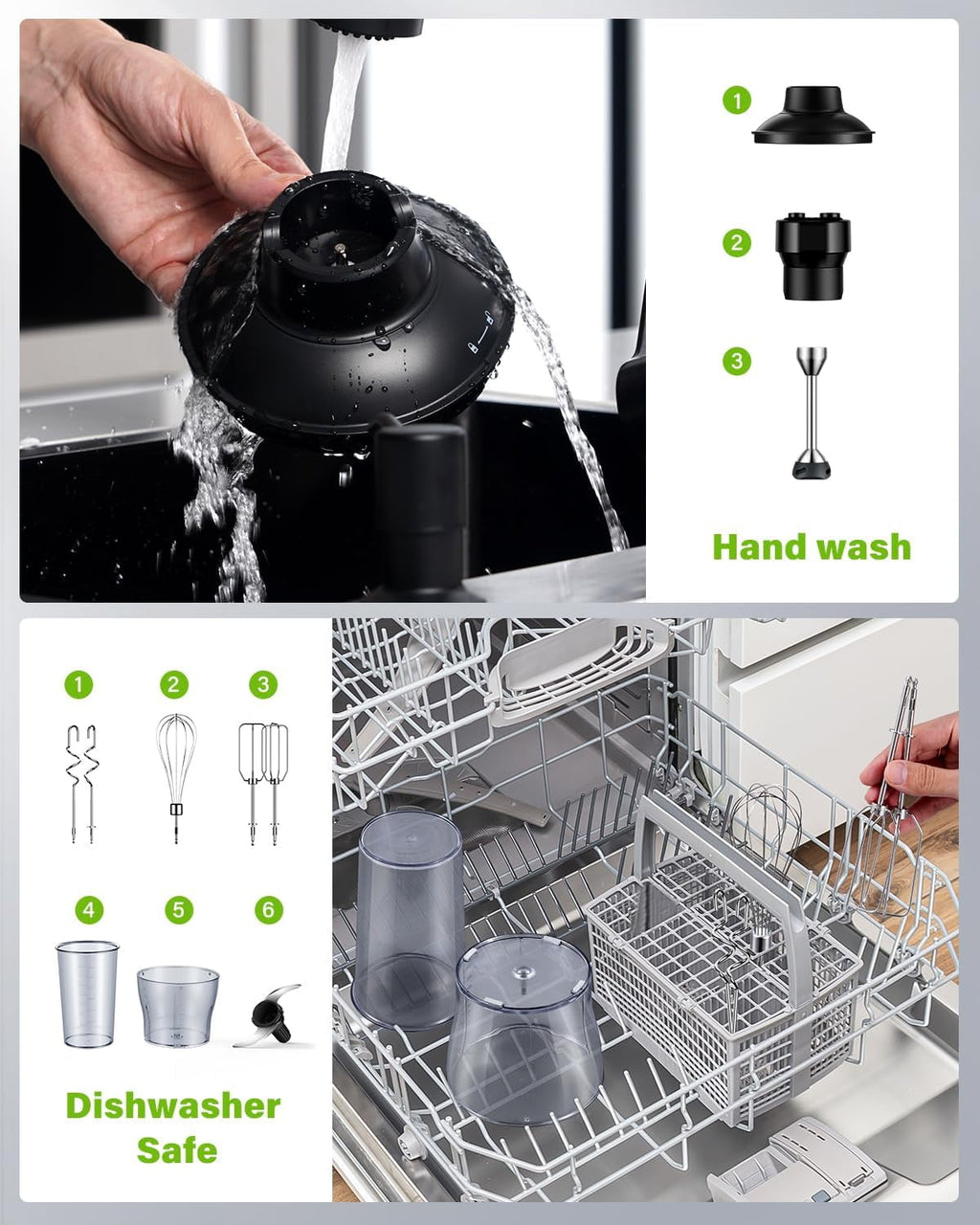 6 in 1 Immersion Blender, 1000W Handheld Hand Blender, 20 Speeds Emulsion Blender with Chopper, Whisk and Frother for Soup, Baby Food and Smoothies, Black
