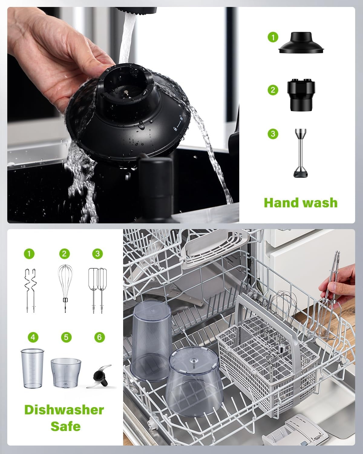 6 in 1 Immersion Blender, 1000W Handheld Hand Blender, 20 Speeds Emulsion Blender with Chopper, Whisk and Frother for Soup, Baby Food and Smoothies, Black