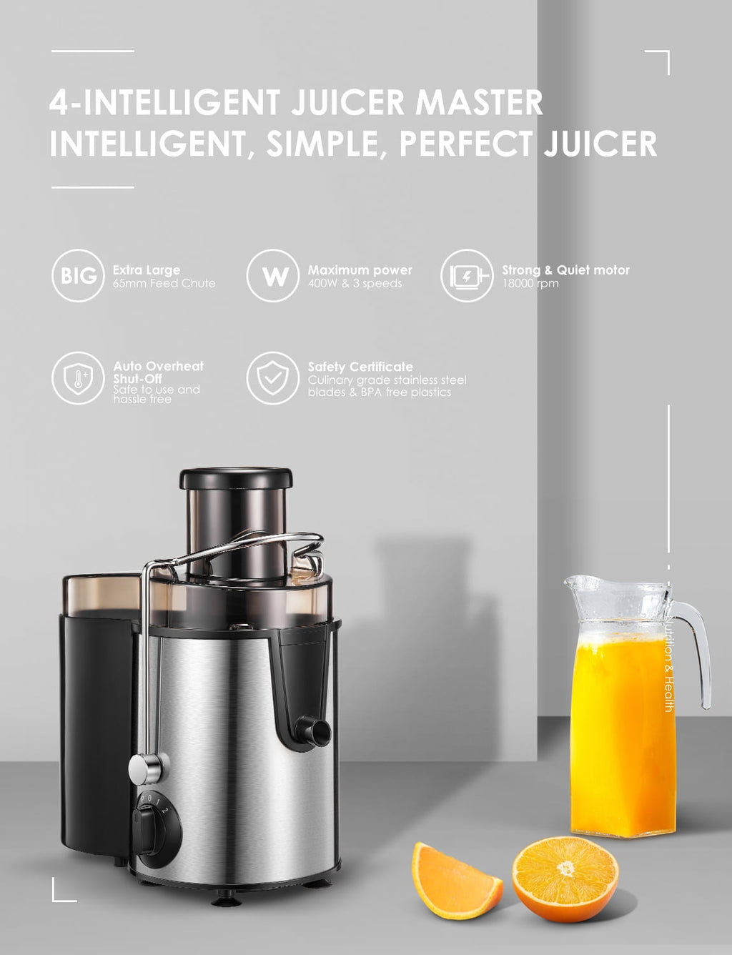 Juicer Machine Wide 3” Feed Chute Juice Extractor Easy to Clean, Pulse Function and 3-Speed Control, Anti-Drip, Silver