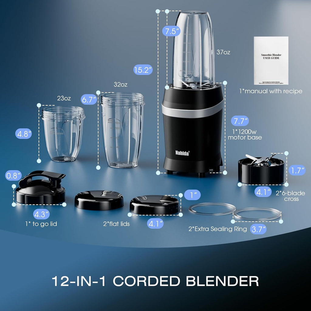 Blender for Smoothies, 1200W Smoothie Blender for Ice Crushing, Blenders with (2) 6-Fin Blades, Personal Blenders for Kitchen with 23oz, 32oz, 37oz Easy Go Cups for Juices, Silver