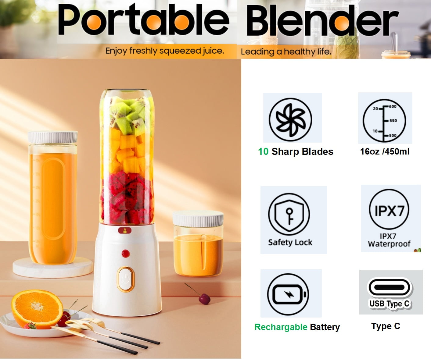 Portable Blender for Shakes,Fruit juicing &amp; Smoothies.16Oz Personal Size Juice Blender with 10 Durable Stainless Steel Blades Leakproof-Lid&amp;Sip Spout.USB Mini Juicer for Home/Offic