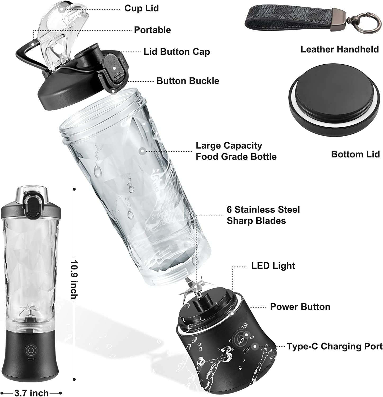 Portable Blender, Personal Size Blender for Shakes and Smoothies, Blender with 6 Blades, 20oz Mini Mixer Rechargeable for Kitchen/Gym/Travel/Office, BPA-Free