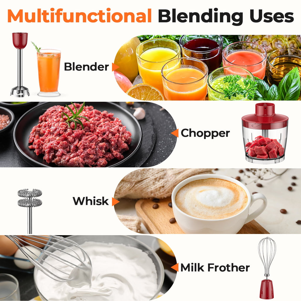 1100W Immersion Blender Handheld Hand Blender , Trigger Variable Speed 5 in 1 Stick Blender, Emulsion Blender with Chopper, Whisk and Frother for Soup, Baby Food and Smoothies,Red
