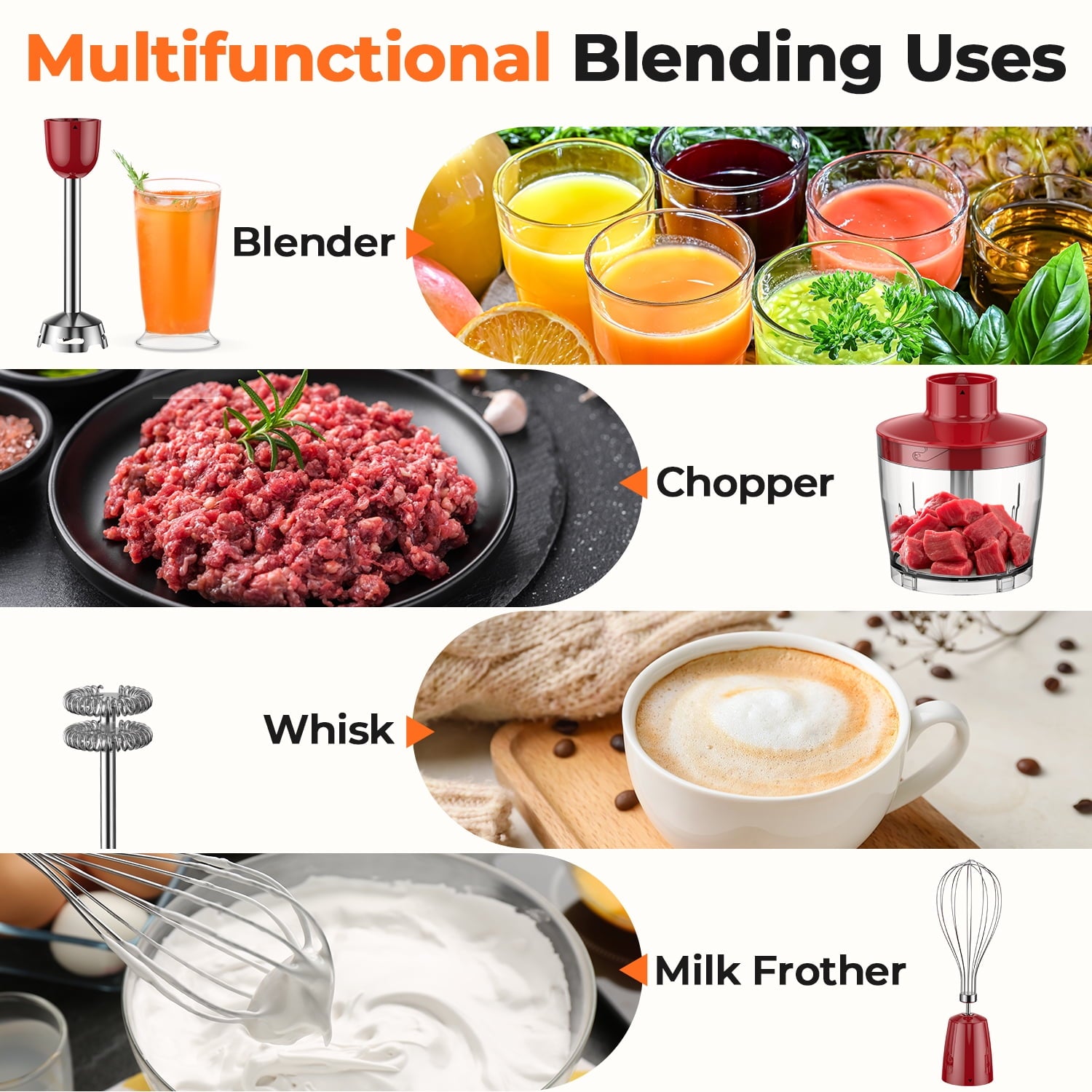 1100W Immersion Blender Handheld Hand Blender , Trigger Variable Speed 5 in 1 Stick Blender, Emulsion Blender with Chopper, Whisk and Frother for Soup, Baby Food and Smoothies,Red