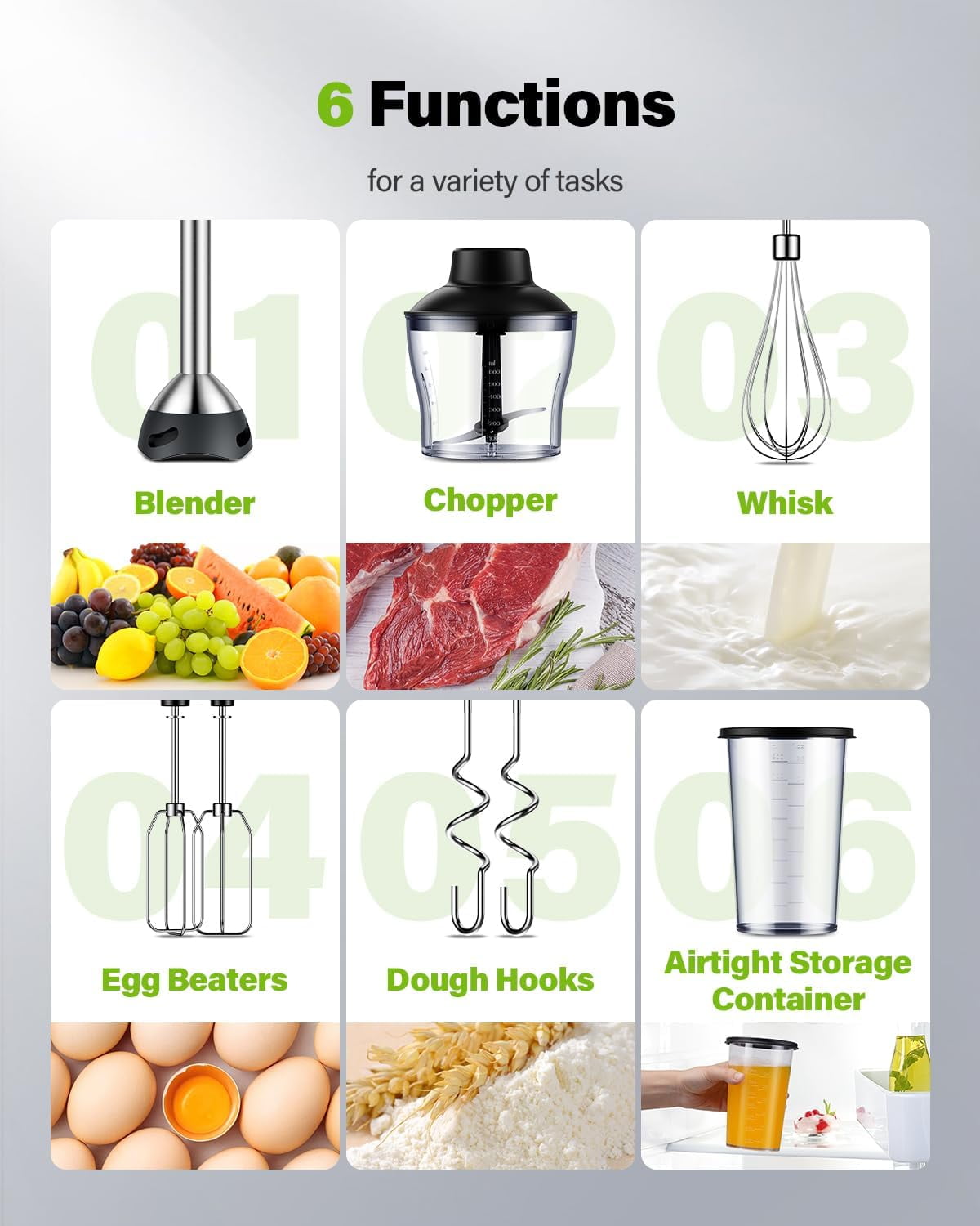 6 in 1 Immersion Blender, 1000W Handheld Hand Blender, 20 Speeds Emulsion Blender with Chopper, Whisk and Frother for Soup, Baby Food and Smoothies, Black