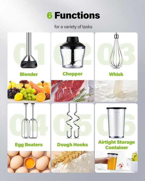 6 in 1 Immersion Blender, 1000W Handheld Hand Blender, 20 Speeds Emulsion Blender with Chopper, Whisk and Frother for Soup, Baby Food and Smoothies, Black