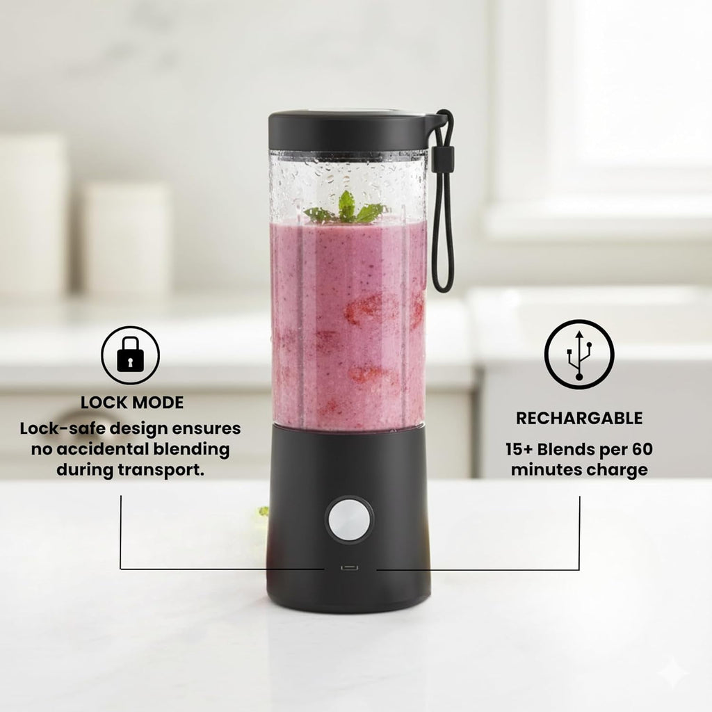 Portable Blender for Smoothies &amp; Shakes – 16oz Mini Personal Blender Bottle, USB-C Rechargeable &amp; Self-Cleaning – Black – Perfect Holiday Gift