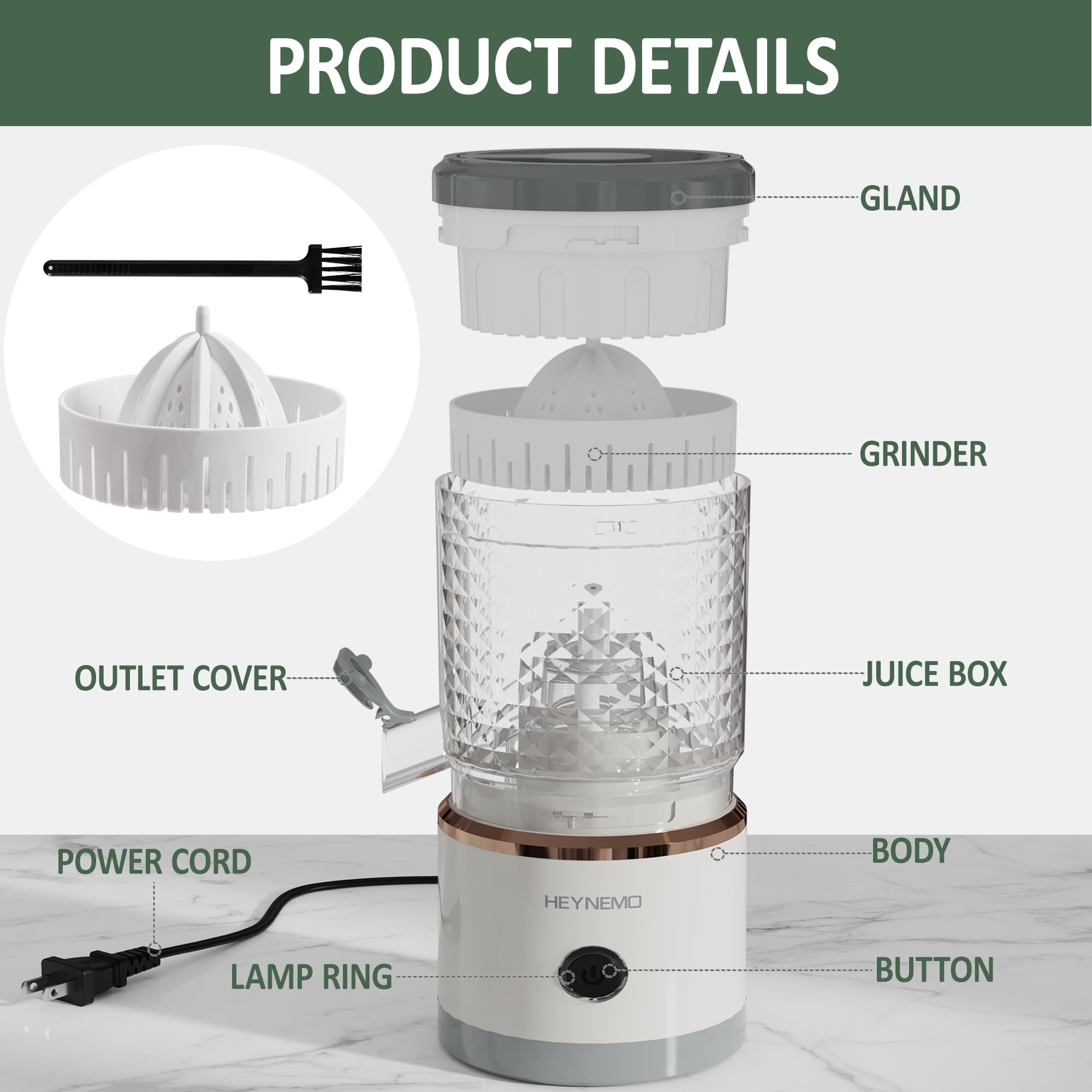 Electric Citrus Juicer with USB Cable &amp; Cleaning Brush, Rechargeable Juicer Machine, Easy to Clean Portable Juicer Squeezer for Fresh Orange, Lemon, Lime, Kiwi, White + Grey