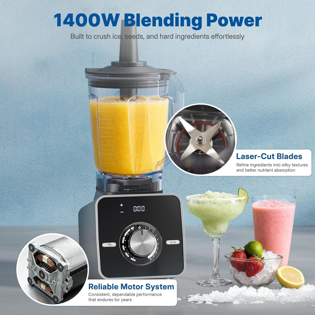 1400W High-Speed Blender for Ice Crushing Power, Stainless Steel Blades, Kitchen Timer, 10 Speeds, 6 Programs for Smoothies, Frozen Drinks, Self-Cleaning, 64oz Bulk Production