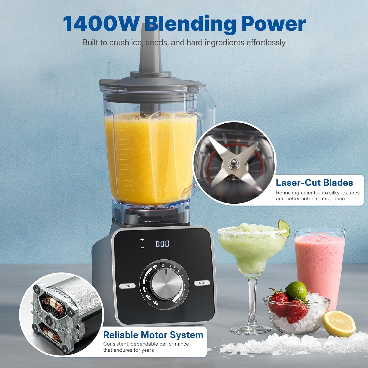 1400W High-Speed Blender for Ice Crushing Power, Stainless Steel Blades, Kitchen Timer, 10 Speeds, 6 Programs for Smoothies, Frozen Drinks, Self-Cleaning, 64oz Bulk Production
