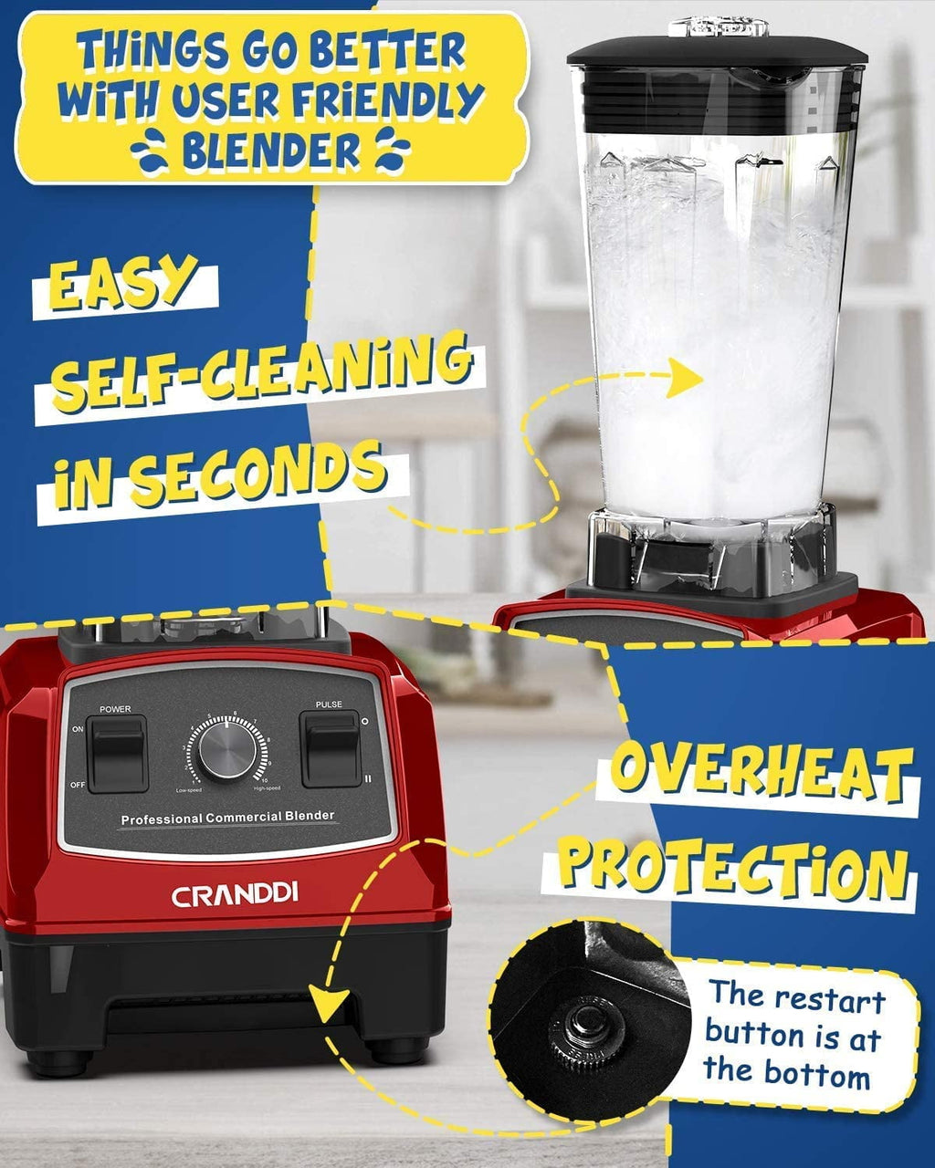 Professional Blender,1500 Watt Commercial Blenders for Kitchen with 70oz Capacity and Self-Cleaning, Classic Blenders for Shakes and Smoothies, Build-in Pulse, YL-010-R