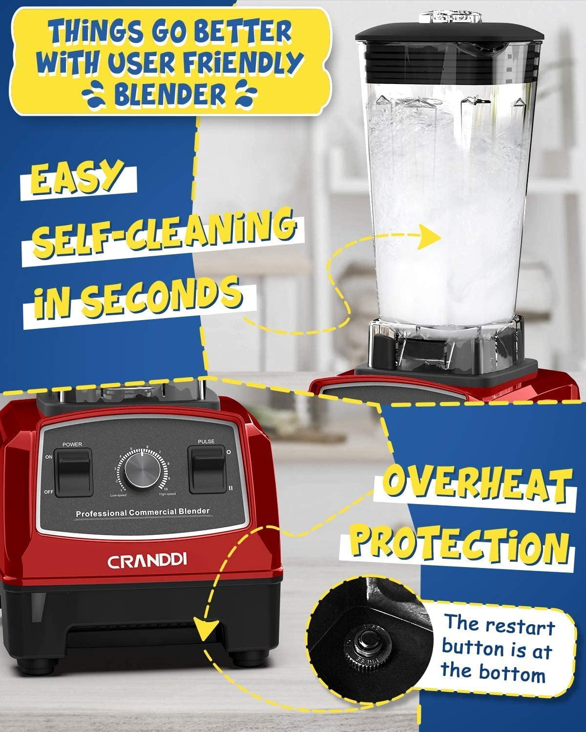 Professional Blender,1500 Watt Commercial Blenders for Kitchen with 70oz Capacity and Self-Cleaning, Classic Blenders for Shakes and Smoothies, Build-in Pulse, YL-010-R