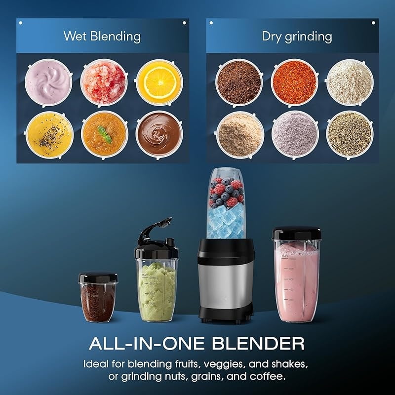 Blender for Smoothies, 1200W Smoothie Blender for Ice Crushing, Blenders with (2) 6-Fin Blades, Personal Blenders for Kitchen with 23oz, 32oz, 37oz Easy Go Cups for Juices, Silver