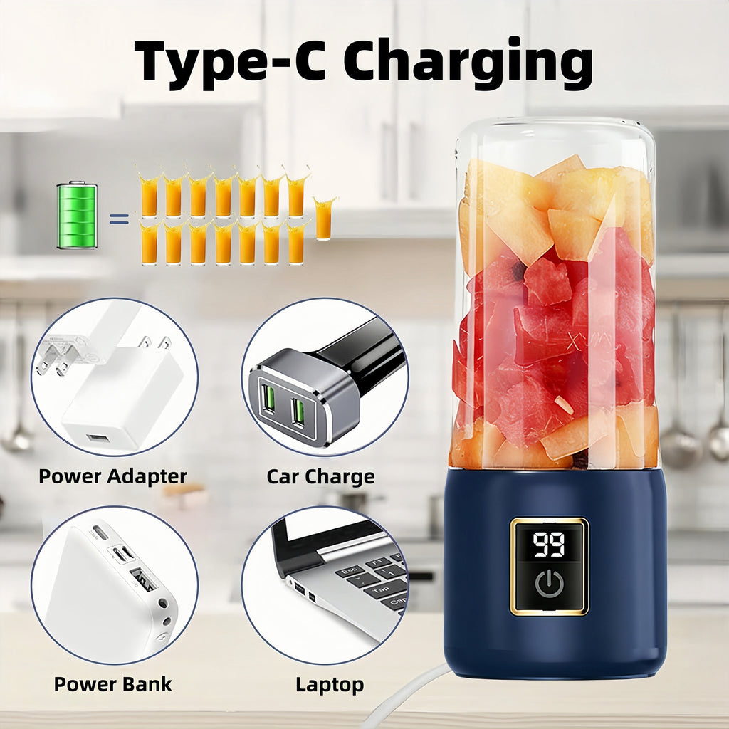 Portable Blender, Personal Mini Blender for Shakes and Smoothies, USB Rechargeable with 12 Blade and 2 Cups, Ideal for Travel, Home and Office, 500ML, Blue