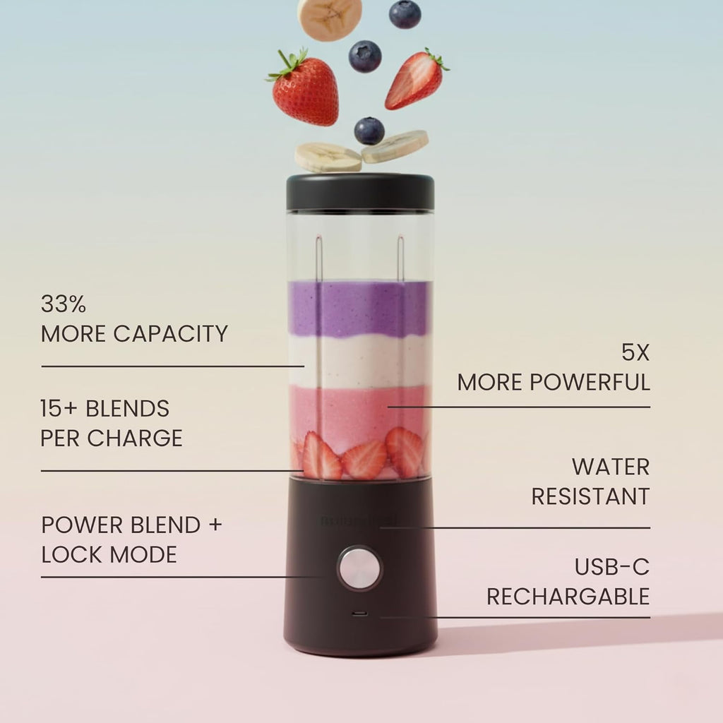 Portable Blender for Smoothies &amp; Shakes – 16oz Mini Personal Blender Bottle, USB-C Rechargeable &amp; Self-Cleaning – Black – Perfect Holiday Gift