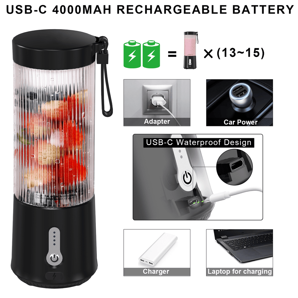 Portable Blender, Personal USB Rechargeable Blender for Shakes and Smoothies, Strong Cutting Power with 6 Blades, Traveling Fruit Veggie Juicer Cup for Home, Sport, Office, Camping,15 oz